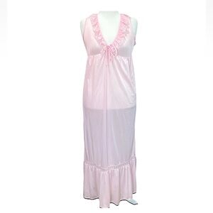 Vintage 70s Nancy King Pink Ruffle Satin Nightgown S